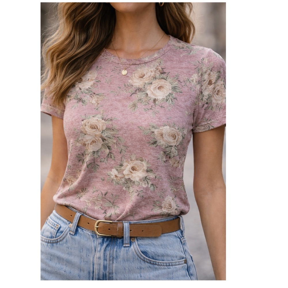 RIPE Floral Knit Soft Stretchy Tee Dusty Rose Sz S Rayon Blend Cottagecore Boho - Picture 2 of 16